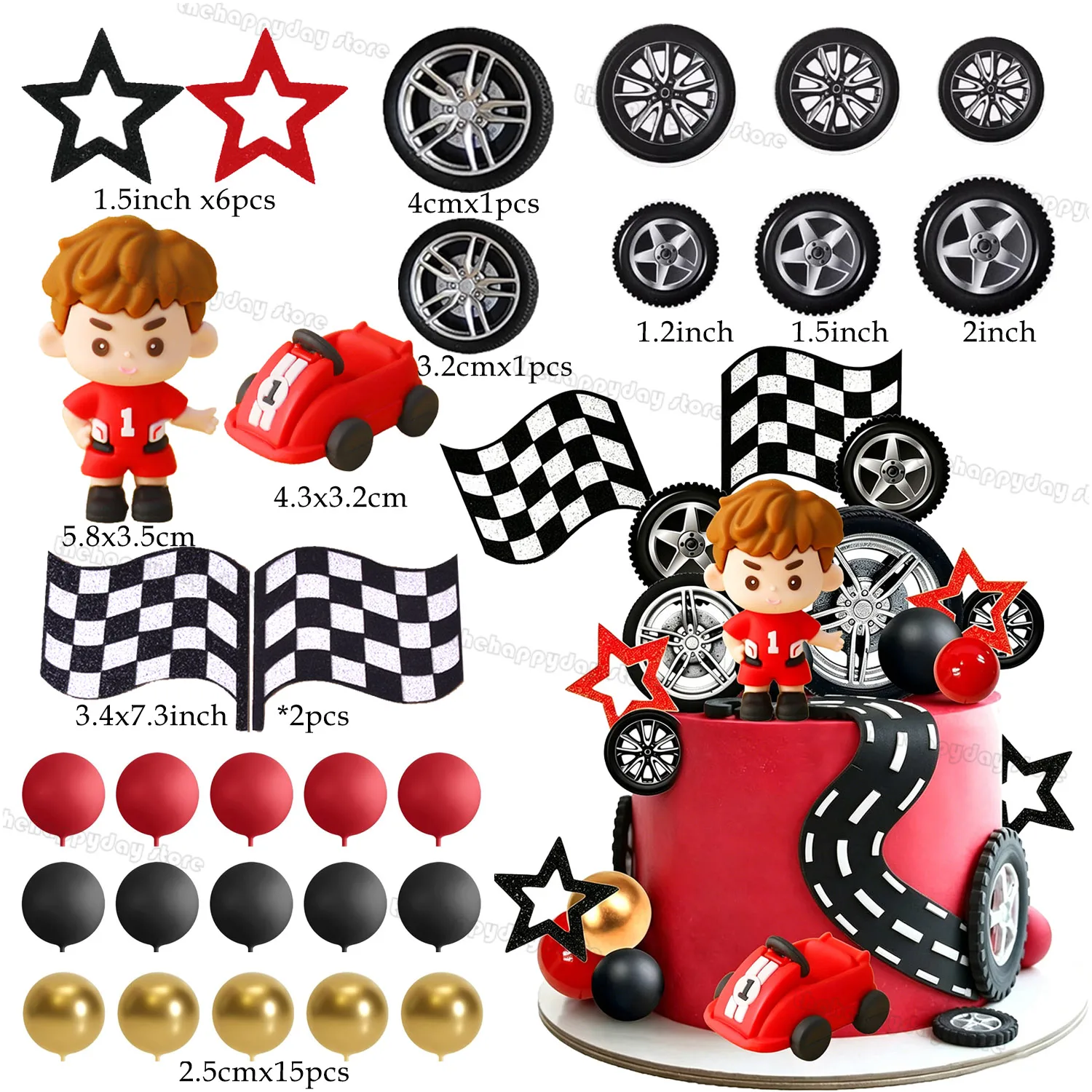 1Set Race Car Cake Toppers Tyre Racing Cake Decorations Checkered Flag Race Cars Wheels Cupcake Toppers Two Fast Birthday Decor