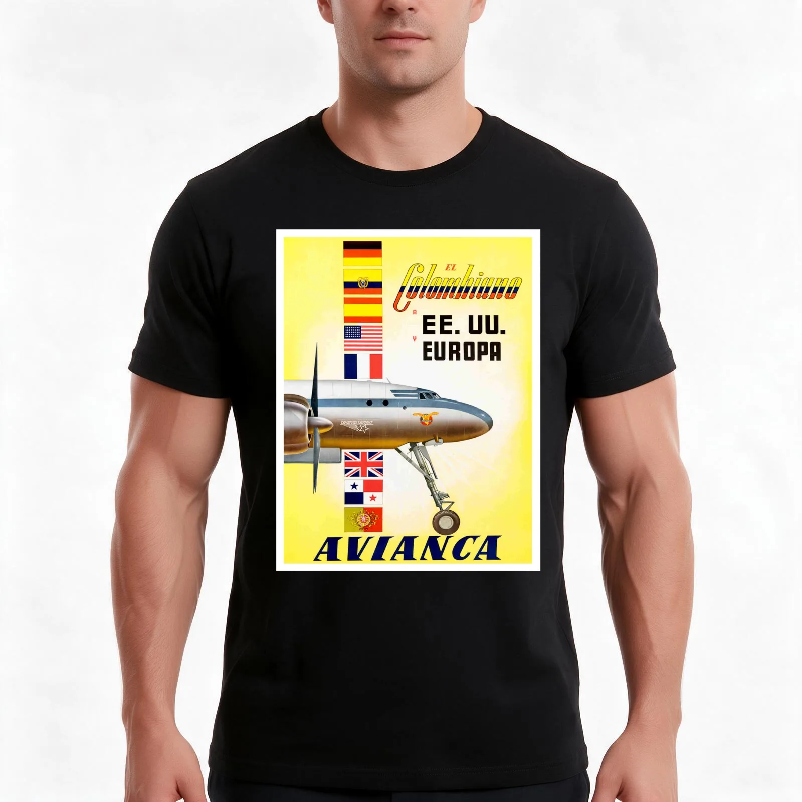 AVIANCA of COLUMBIA : Vintage Worlds Oldest Airline 1919 Travel Advertising Print T-Shirt, Summer Casual Cotton Tee, 100% Cotton