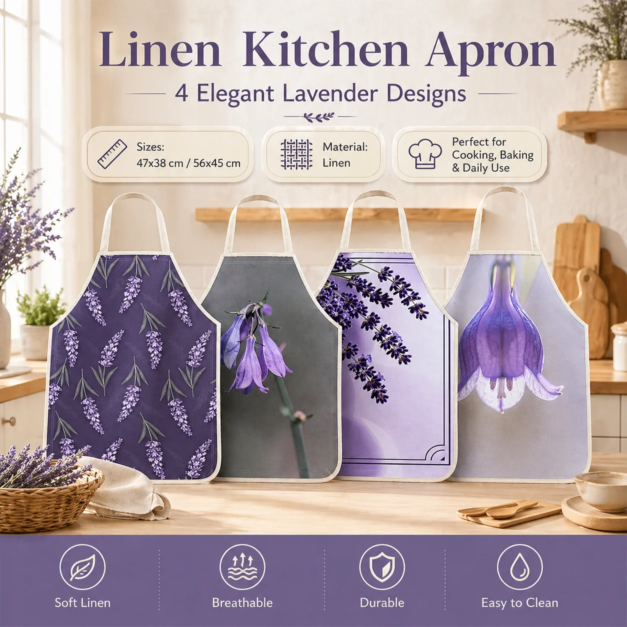 

Elegant Lavender Printed Linen Kitchen Apron for Women Sleeveless Floral Pinafore Home Cooking Baking Cleaning Gardening Bibs