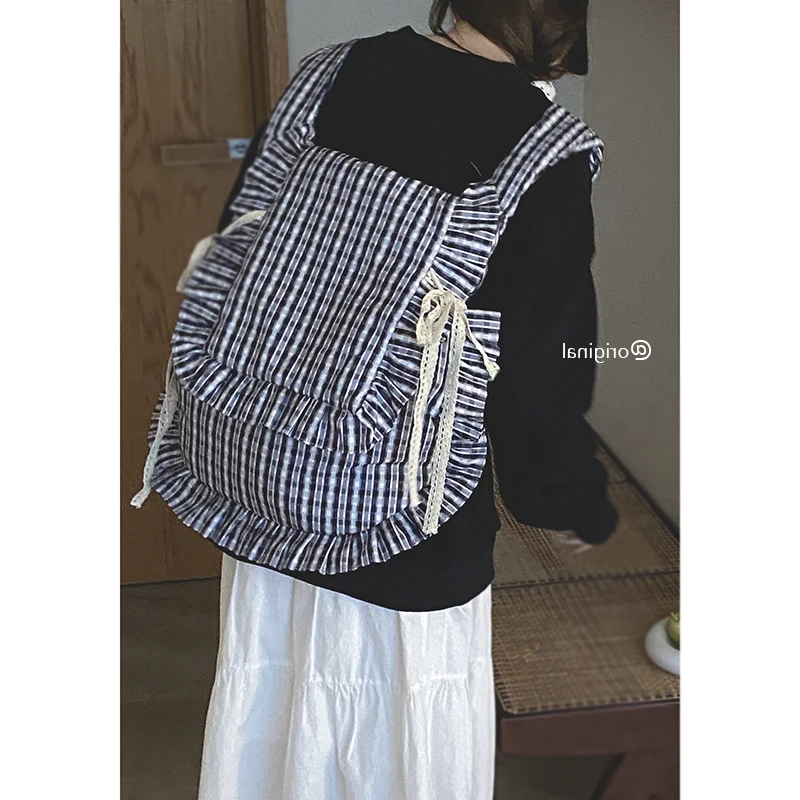 Miyagawa Sweet Plaid Backpack for Women 2024 New Ruffled Edge Large Capacity Crossbody Pillow Bags