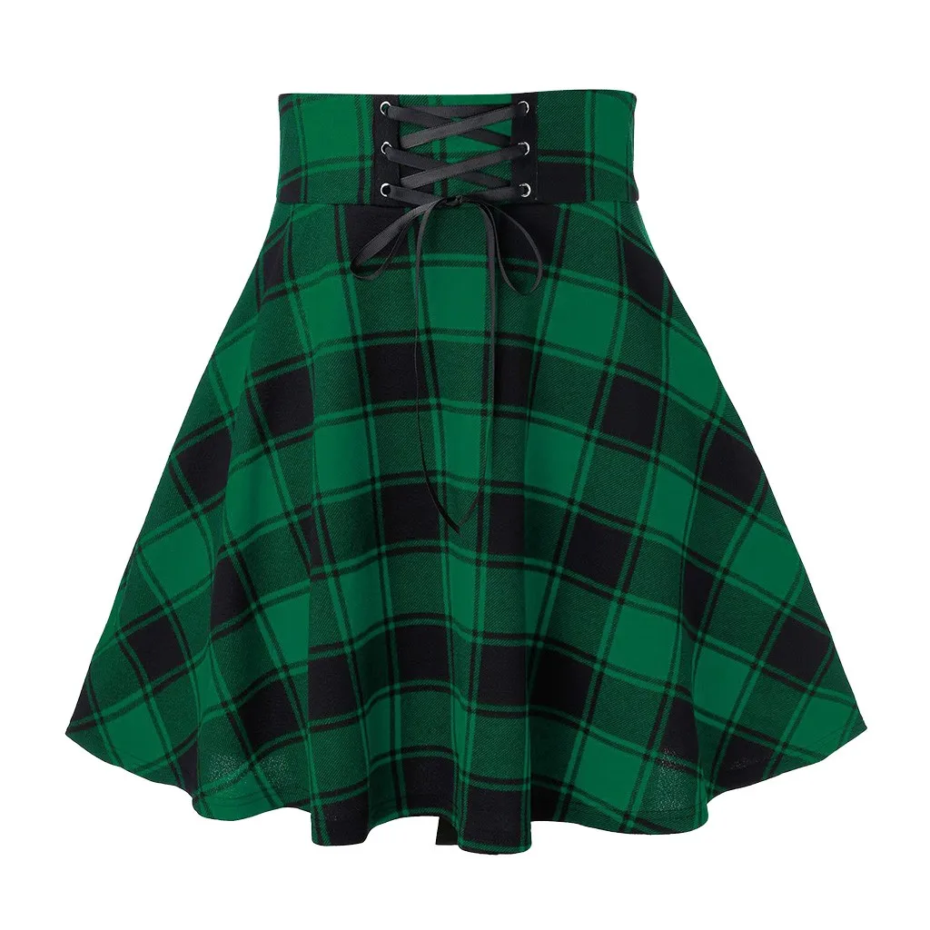 

Fashion Classic Plaid Printed Mini Skirt Women's Vintage Lattice Printed Lace Up Half Body Skirt Slim Waist Short A Line Skirt