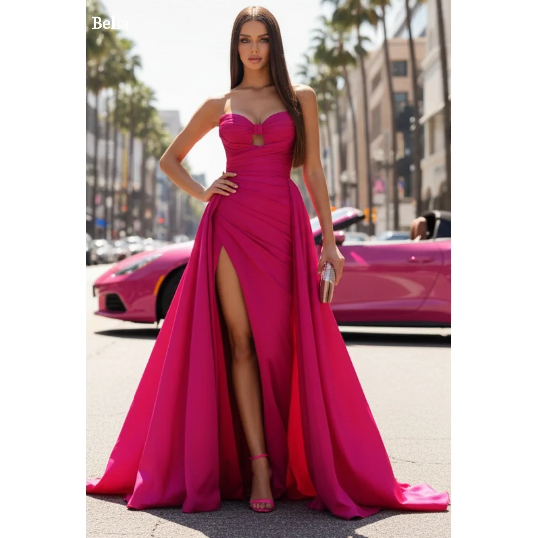 

Bella Customized Fuchsia Strapless Sweetheart Prom Dress High Slit Ruched A Line Satin Gown Robes de soirée Elegant Floor Length