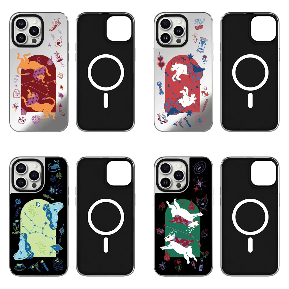 

Zodiac Star Signs Silver Border Mirror Magnetic Phone Case Cover for IPhone 16 15 14 13 12 Pro Max Case