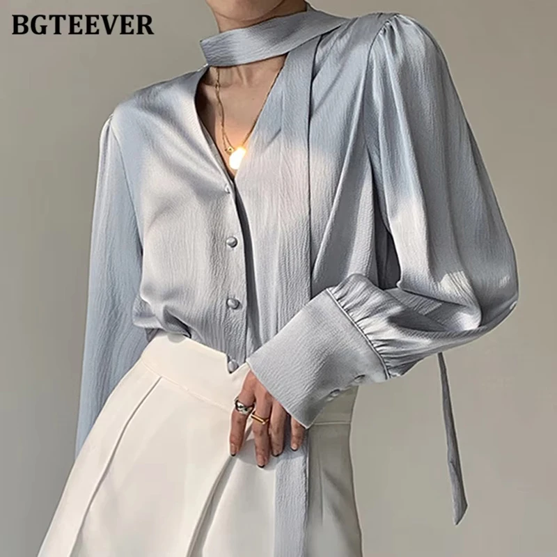 

BGTEEVER Fashion V-neck Ribbon Single-breasted Solid Ladies Shirts Autumn Elegant Long Sleeve Loose Women Blouses Camisas