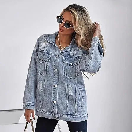 Denim Coat Women Coats Turn Down Collar Distressed Full Sleeve Loose Jackets Single Breasted Hole Frayed Vintage Y2k Streetwear