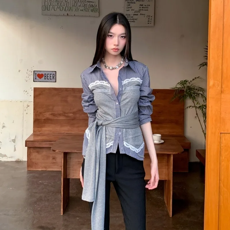 

Ретро Y2K клетчатая кружевная повязка на шнурке, серая рубашка, нишевые рубашки и блузки в стиле преппи, Harakuju, осенняя новая женская одежда