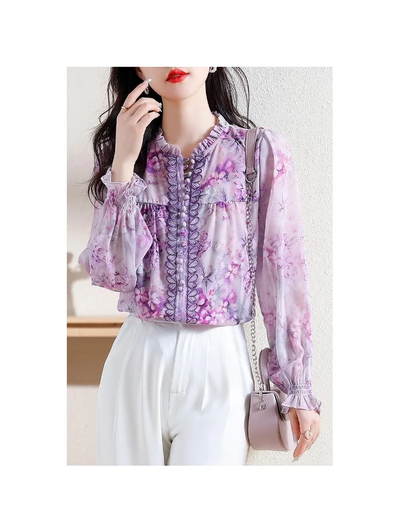 Women\'s Fashionable and Versatile Chiffon Shirt High-end and Thin Style Temperament Printed Lantern Long Sleeved Shirt