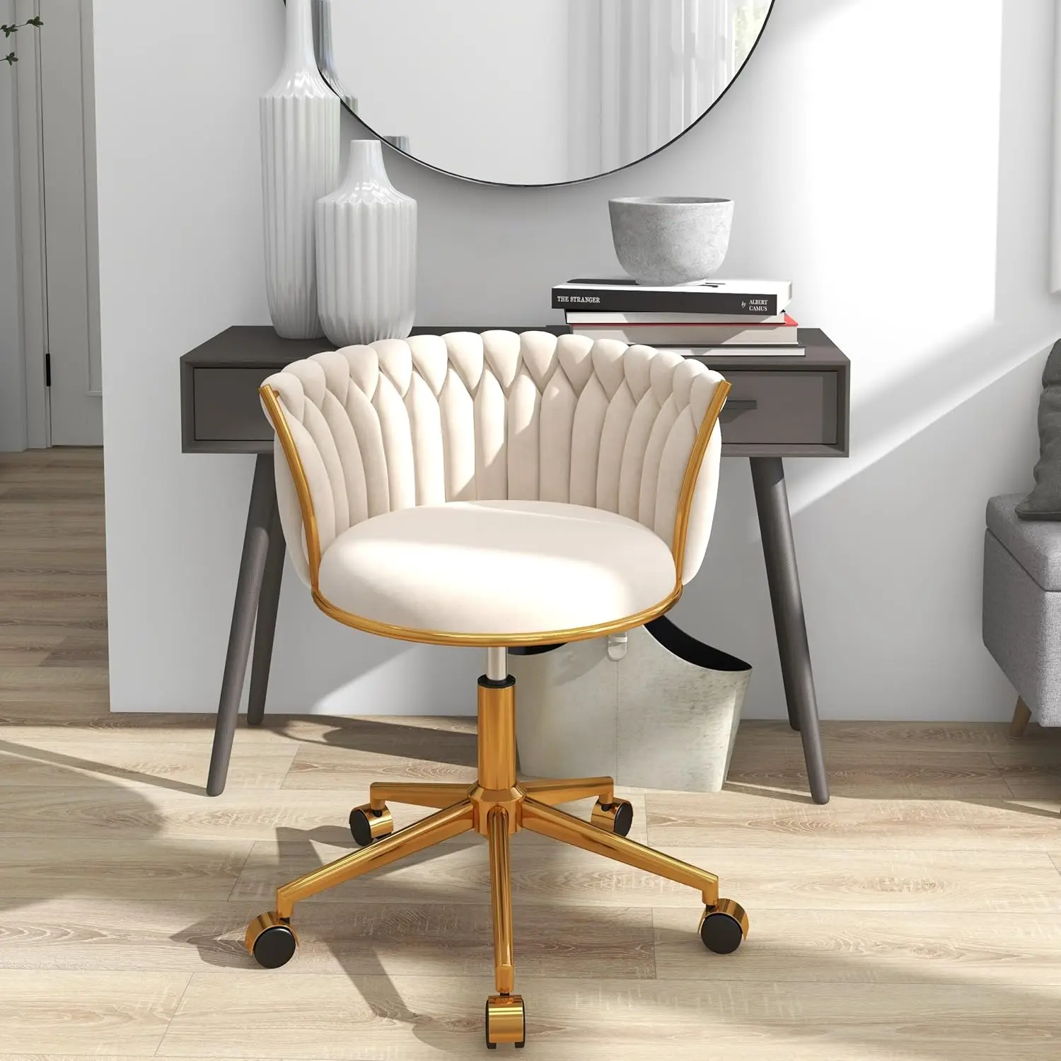 

Modern Desk Chair with Wheels, Height Adjustable Swivel Vanity Chair, Woven Back Armchair with Golden Metal Base