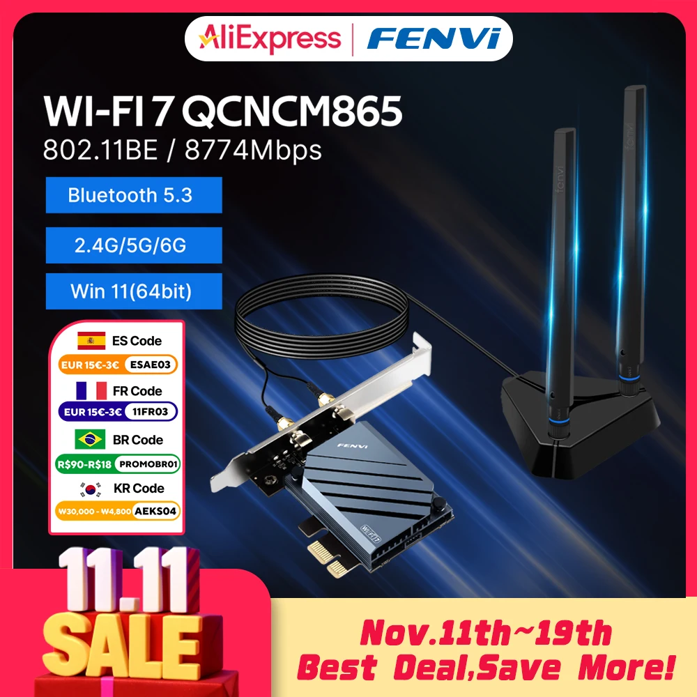 FENVI WI-FI 7 QCNCM865 PCIE Wi-Fi адаптер Bluetooth 5.3 WiFi 7 до 5,8 Гбит/с трехдиапазонный с беспроводной картой Qualcomm для Windows 11