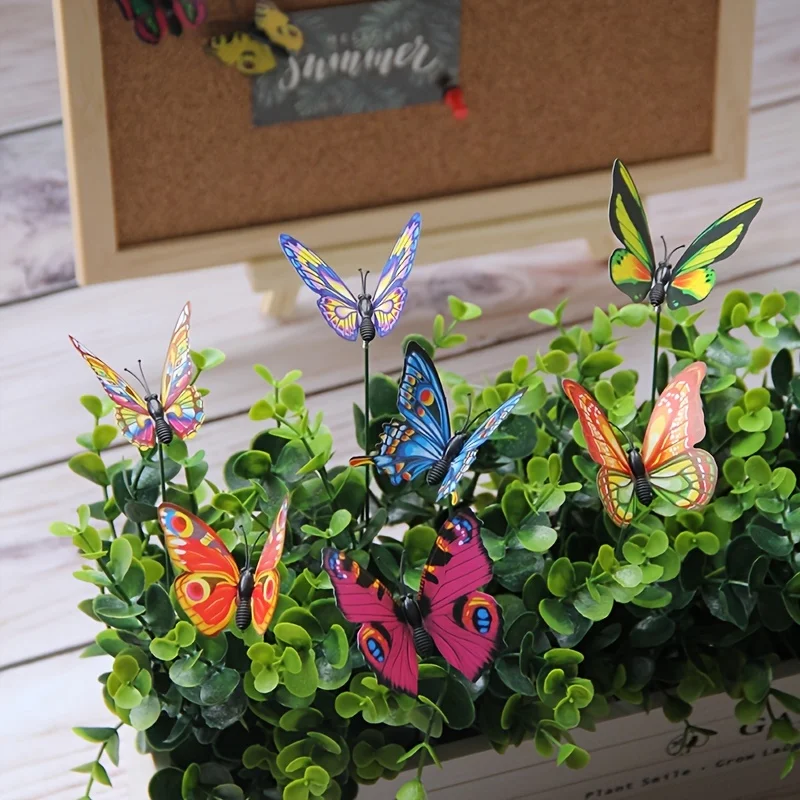 10 bunte Schmetterlingspfähle, 3D-künstliches Schmetterlingsdekor, Garten- und Terrassendekoration, zufälliges Muster – Detail 7
