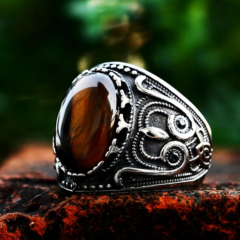 BEIER Vintage Man Boy Oval Tiger Eye Brown Stones Ring in Stainless Steel Jewelry Mens Accessories Anel Aneis BR8-699