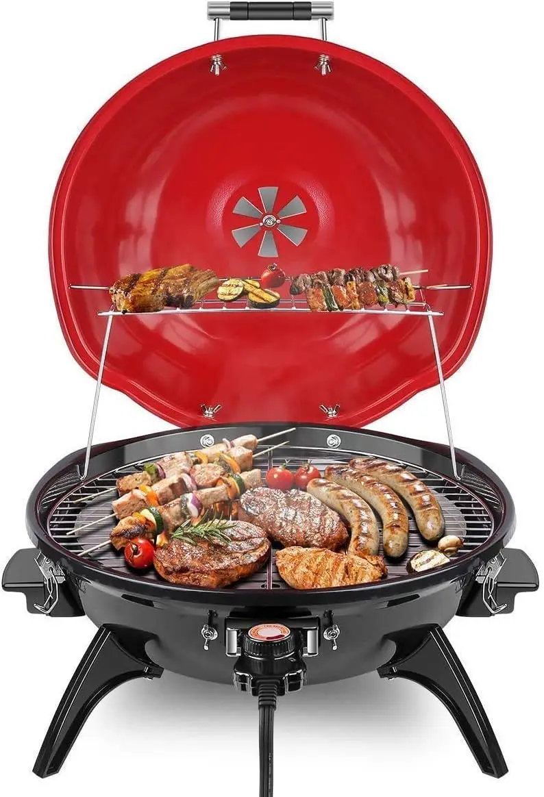 

Portable Electric BBQ Grill 15-Serving, Indoor Outdoor Use, Double Layer Design with Removable Stand, 1600W Countertop Grill for Home and Travel