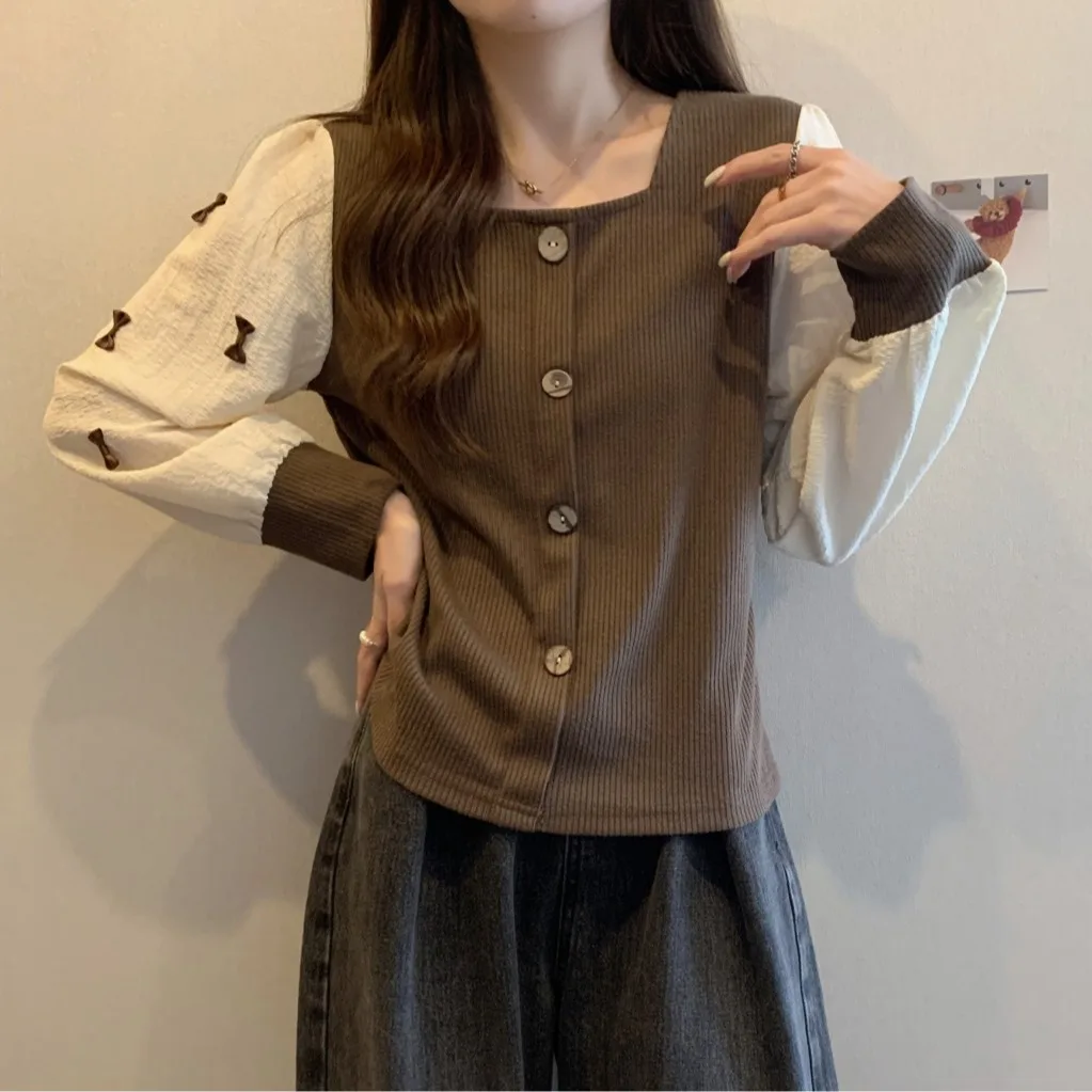 

Женская блузка с длинным рукавом, квадратным воротником и узлом, в стиле колор-блок, новинка весеннего сезона, уникальный топ (не является настоящим комплектом из двух предметов)