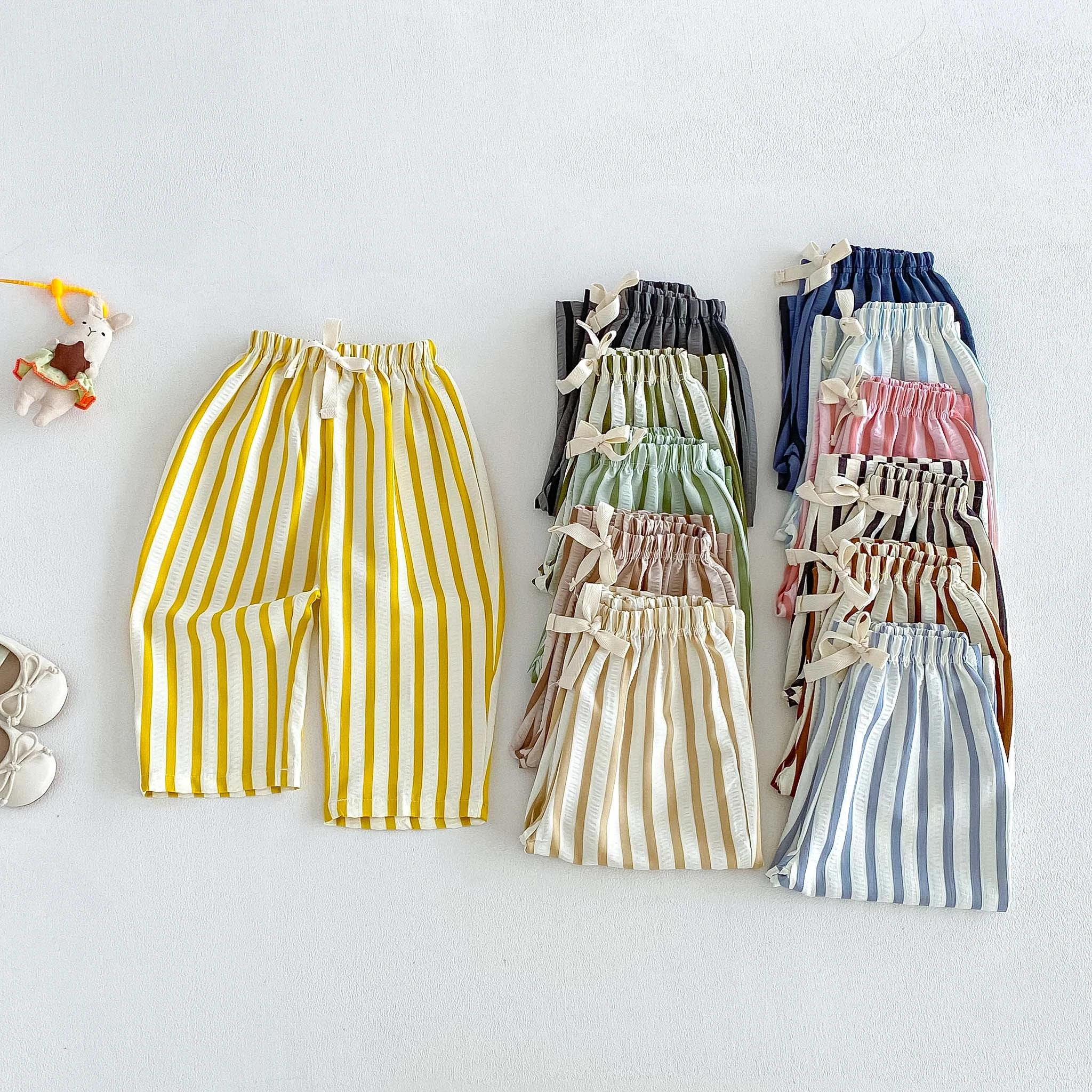 Kids Striped Summer Pants With Elastic Waist And Drawstring Lightweight Fabric In Six Colors Ideal For Boys And Girls Wear Pants