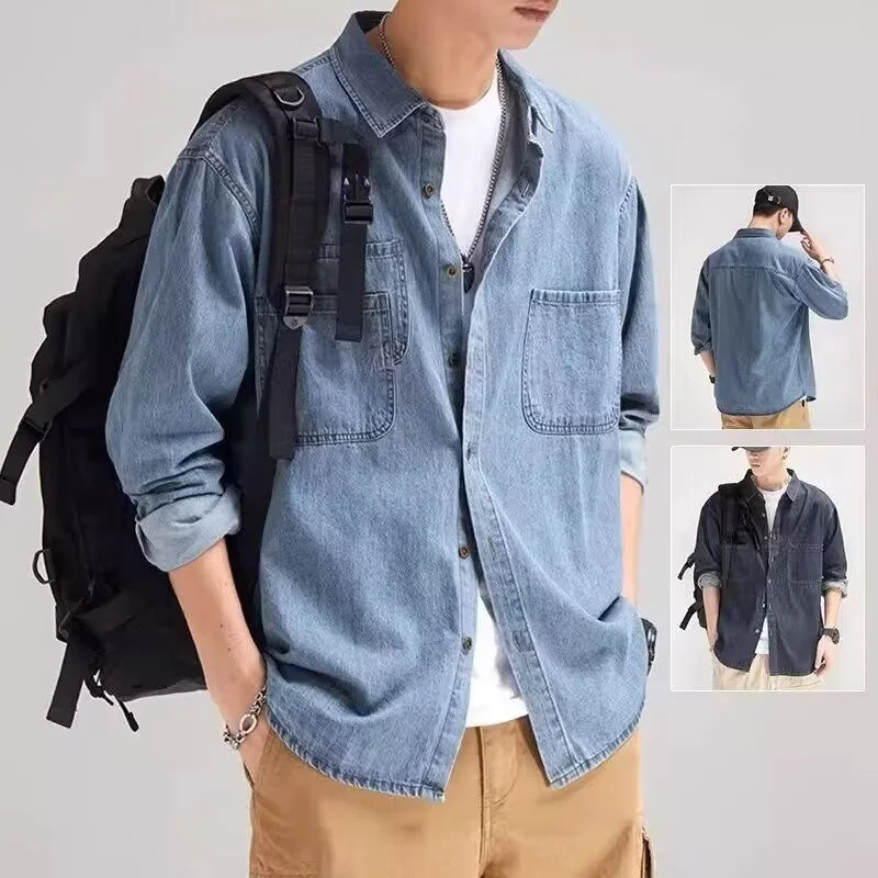 

Американская джинсовая куртка в стиле ретро с длинными рукавами, мужская свободная модная рабочая одежда, весенне-осенняя повседневная одежда стандартного кроя