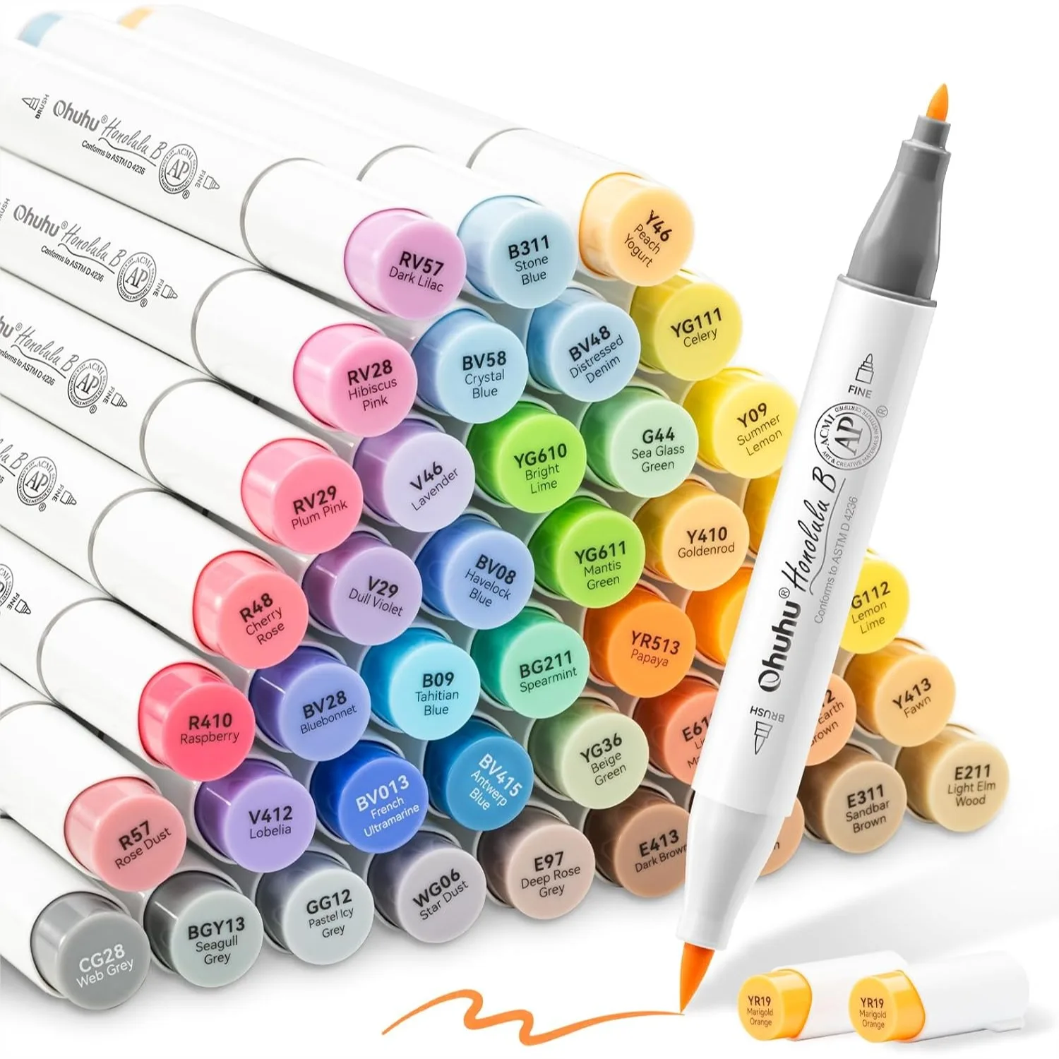 

Alcohol Brush Markers 48 Mid-Tone Colors, AP Certified Double Tipped Art Marker Set for Adult Coloring & Illustration