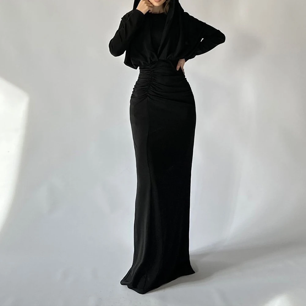 Long Sleeves Jersey O-neck Floor Length Straight Evening Dress Sweep Train Temperament Photo Color Delicate Saudi Arabia 2024