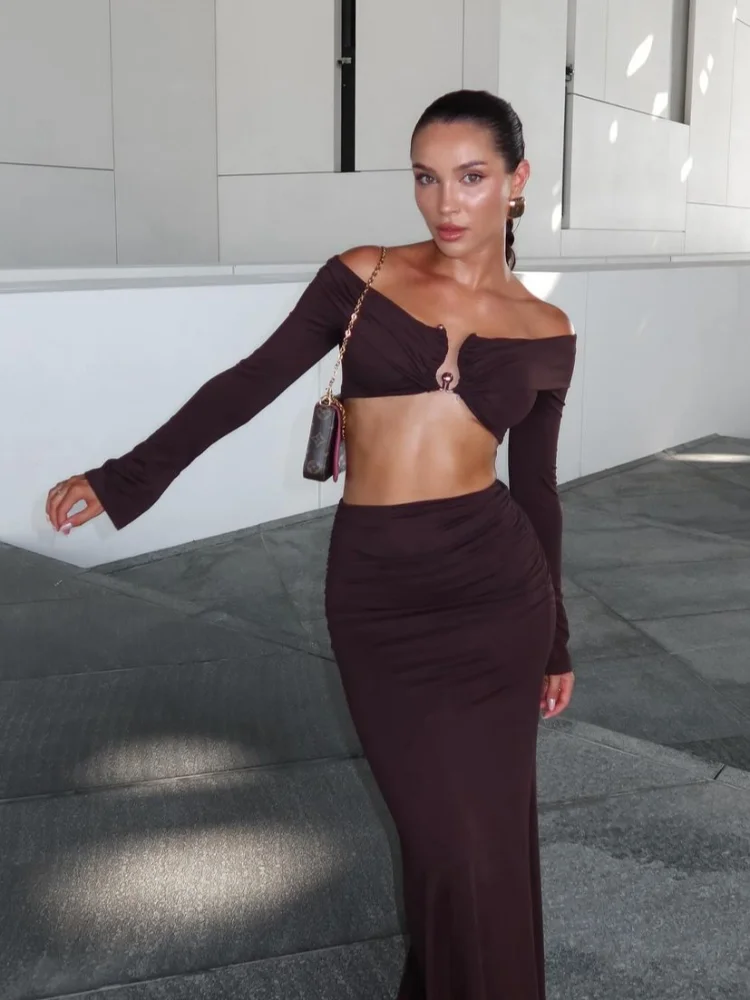 

Women Sexy Brown Longuette Set Boat Neck Long Sleeves Jude Drop Waist Skinny Floor-length Skirt Vacation Beach Style Streetwear