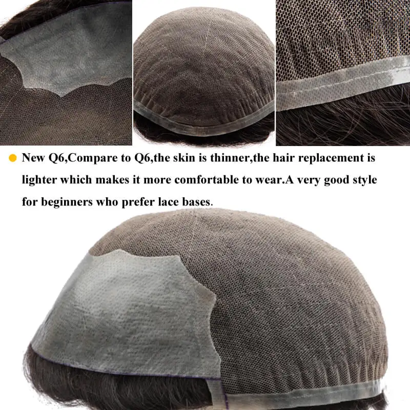 Q6 Toupee For Men Lace & PU Base Human Hair System Unit Toupee Wig For Men Durable Male Hair Prosthesis Men's Wigs