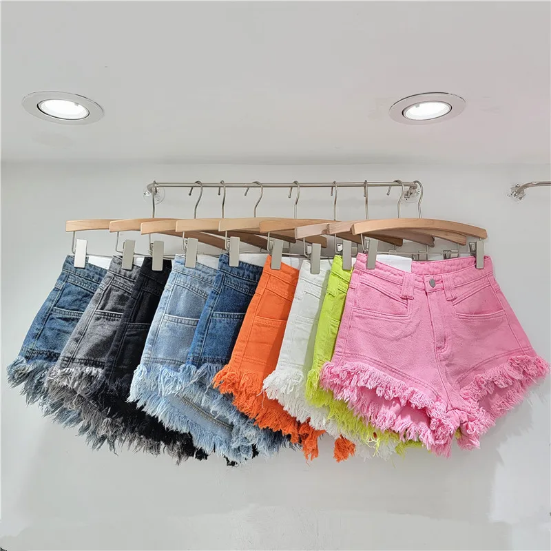 Shorts jeans cru feminino, novo design de borla de cintura alta, linha a, pernas largas, calças quentes, shorts de espólio