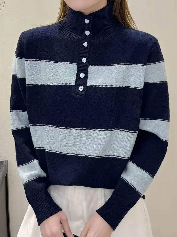 Faionable Anti-Aging Heart Button Thiened High Collar Sweater Women's Korean Striped Sle Knitted Wear for Autumn Winter