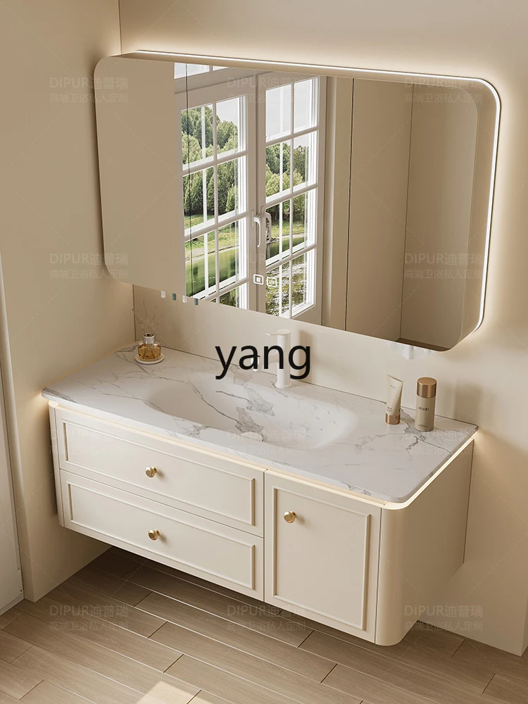 Yjq Cream Style Bathroom Cabinet Combination Stone Plate Hot Bend Whole Washbin Washstand Hand Washbasin Rounded Corner