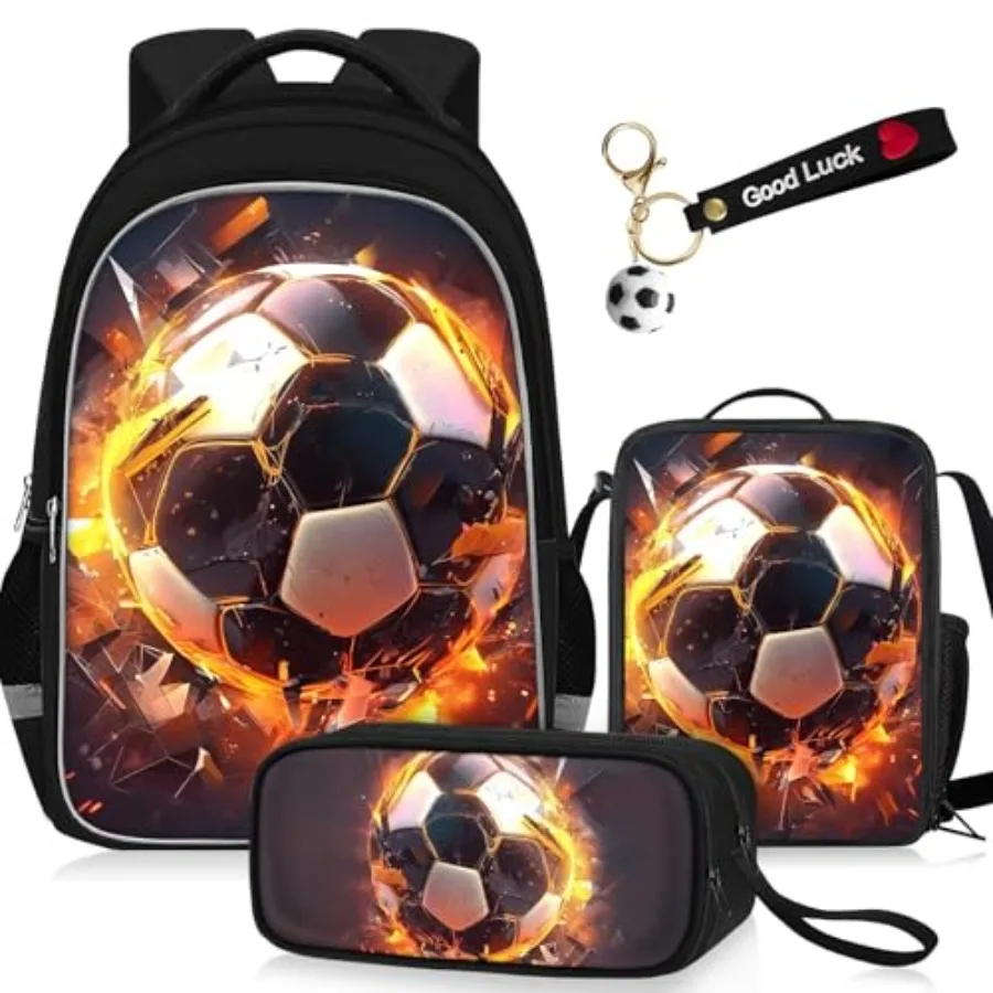 

School Backpack for Boys - 4pcs Soccer Boys Backpack with Lunch Box and Pencil Case for Teens Elementary Middle School - Studen