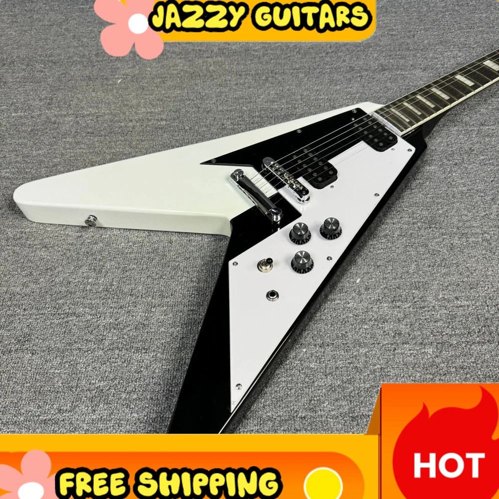 

Black & White Flying V Style Electric Guitar HH Pickups Fixed Bridge Mahogany Body Rosewood Neck For Heavy Metal Free Shipping