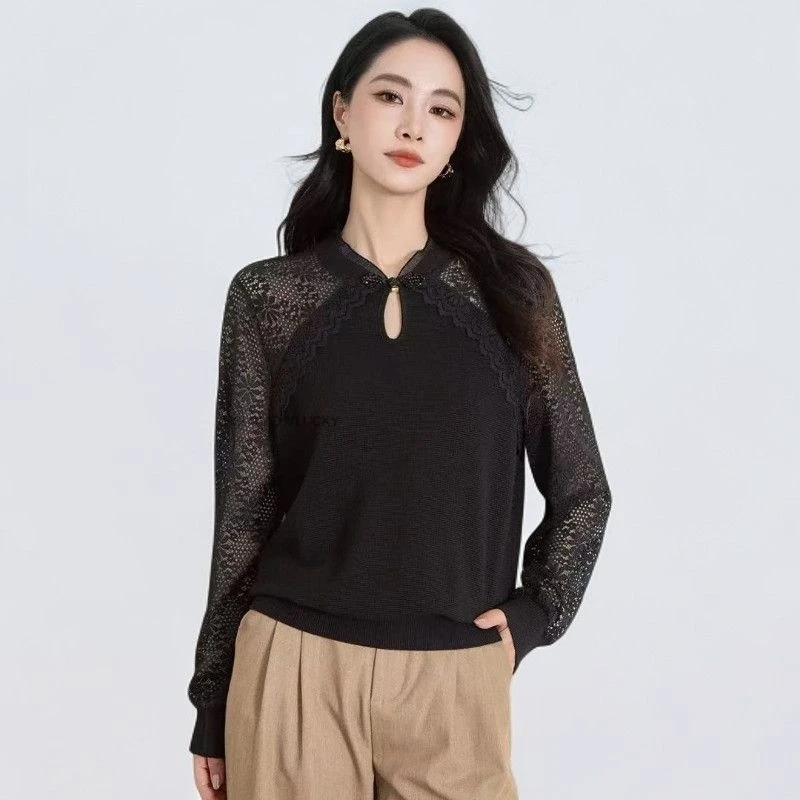 Chinese Style TANGSUITS Frog Button Cutout Lace Base Shirt, Spring/Autumn New Elegant Spliced Versatile Youthful Lace Top