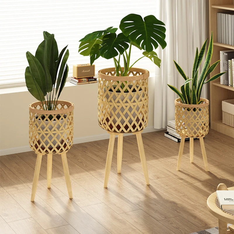 Decorative Rattan Plant Shelves - Floor-Standing Flower Pot Holder, Living Room Balcony Stand, Natural Aesthetic for  Plants