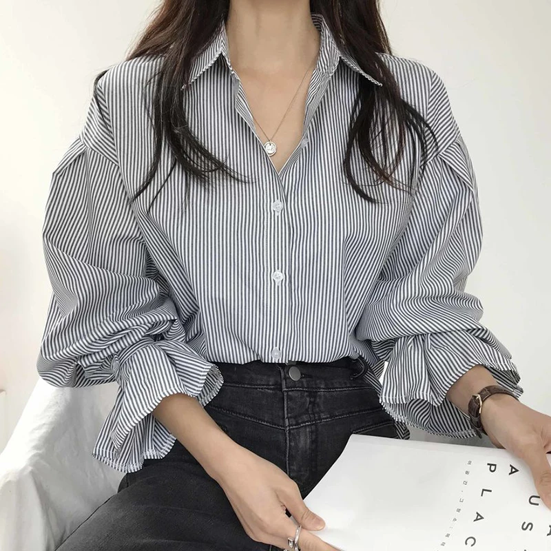 

Chic Autumnal Striped irt Women's Single-Button Loose Lantern Sve Turn-down Collar Simple Sle Commute Faion Korean V...