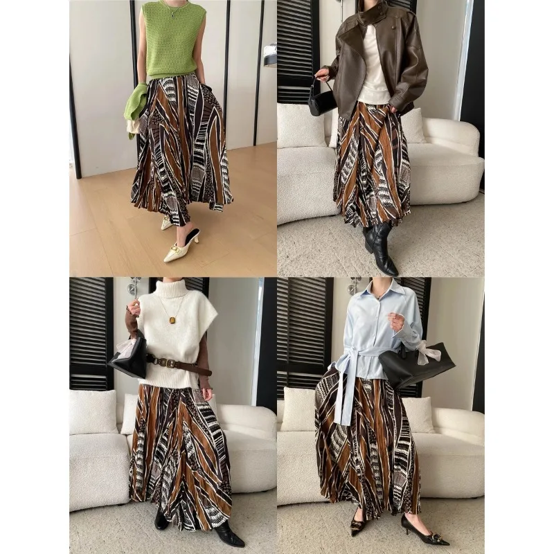 Sisann Pleated Texture French Artistic Print Elastic High-Waisted Skirt Women Print High Waist Skirt Hem Flowy Skirt Casual 7F43