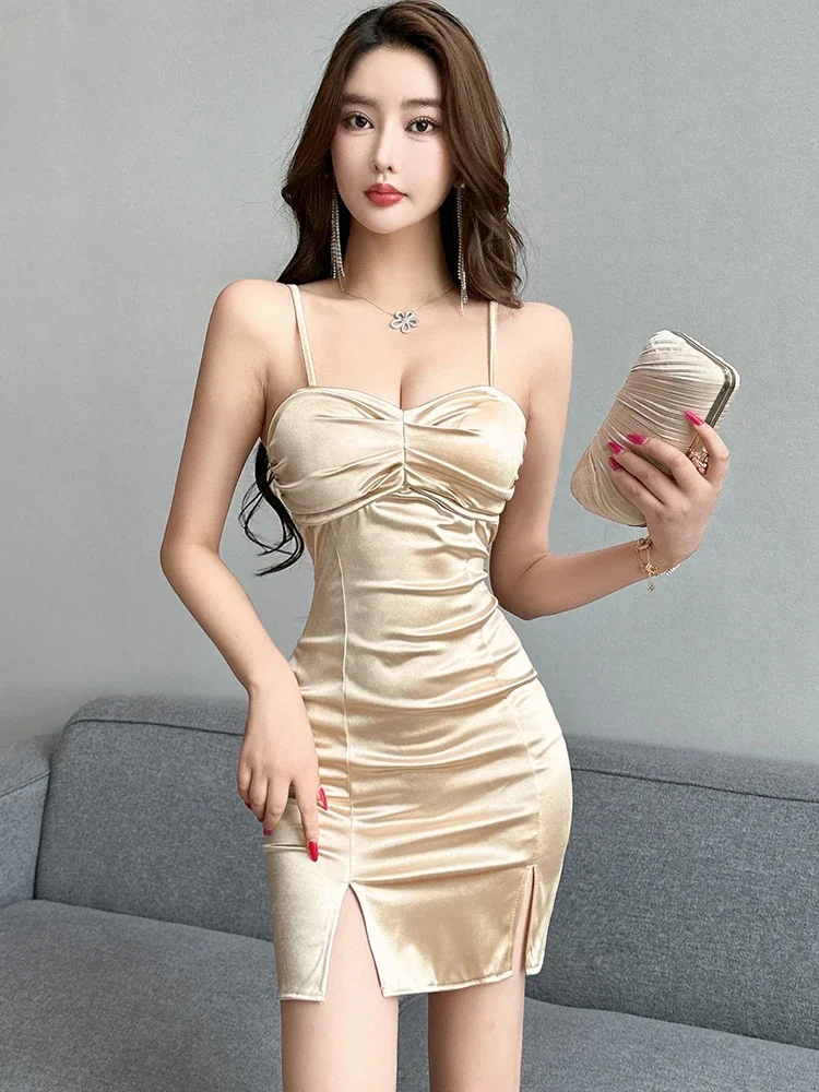 Women Solid Satin Pleated Bodycon Bow Sexy Sling Dress Summer Elegant Casual Holiday Dress 2025 Korean Vintage Party Night Dress