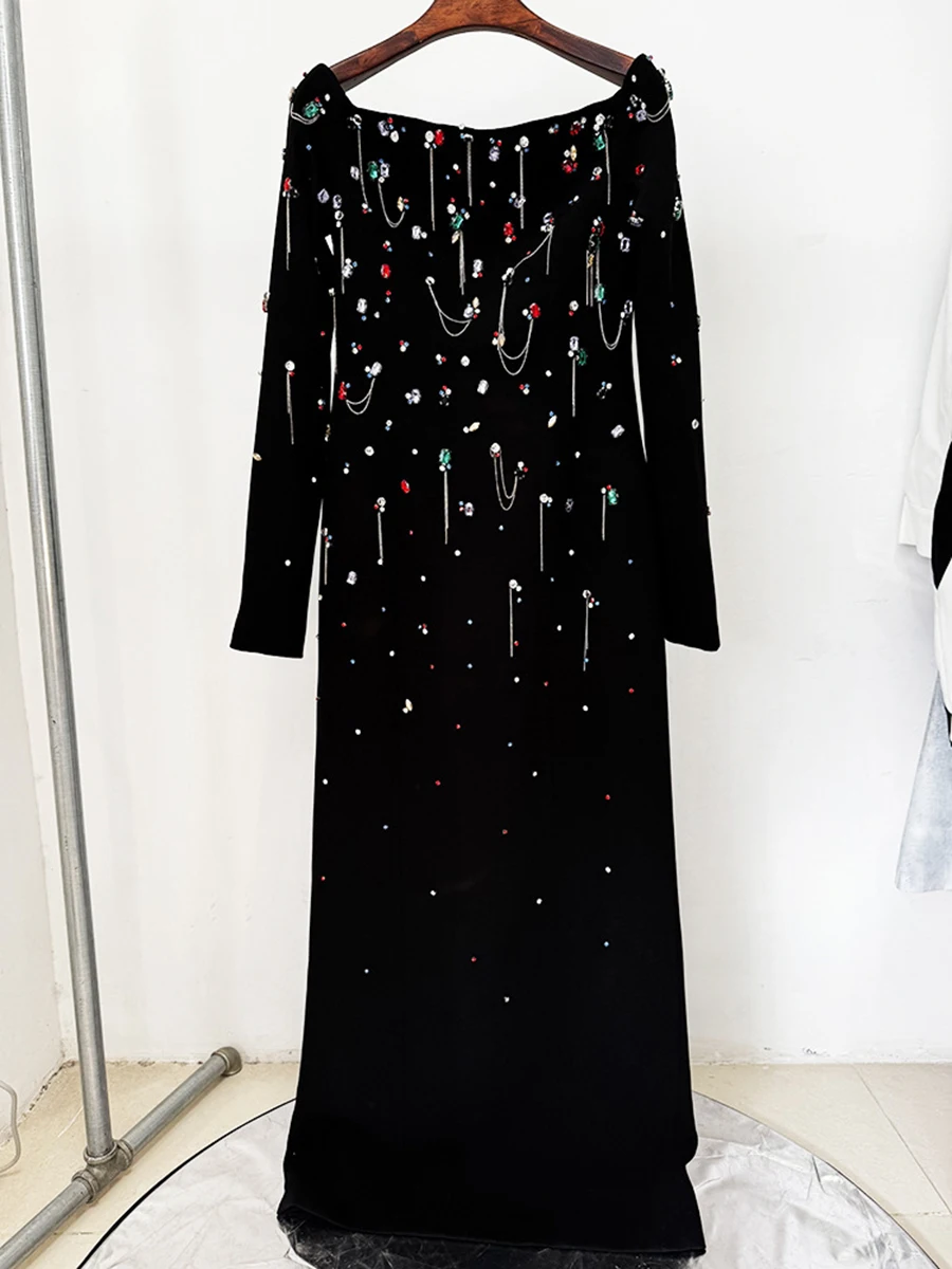 TWOTWINSTYLE Elegant Spliced Diamonds Slimming Dresses For Women Slash Neck Long Sleeve High Waist Temperament Dress Female New