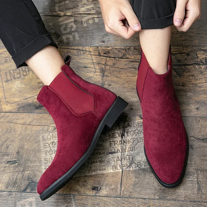 Wine Red Men Chelsea Boots Flock Round Toe Business Boots for Men with Low Heels Slip on Men Boots Bottes Pour Hommes 2024