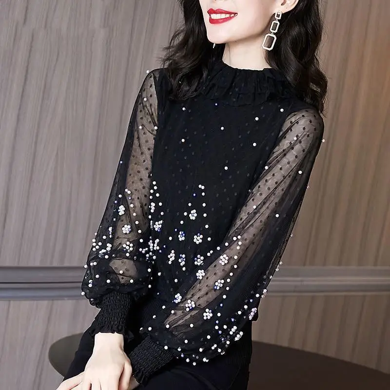 Elegant Spliced Gauze Beading Lantern Sleeve Blouse Women\'s Clothing 2022 Autumn New Oversized Casual Pullovers Loose Chic Shirt