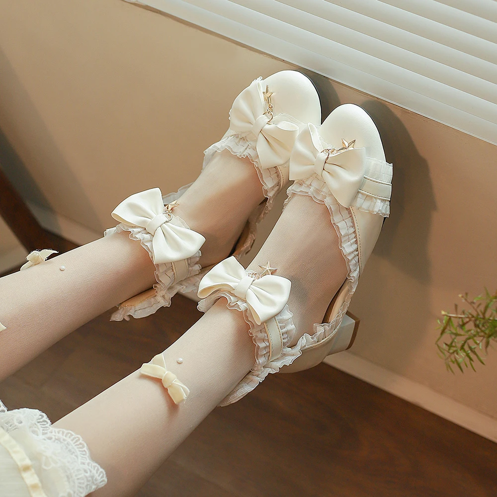 Classic Bow Lolita Shoes Sweet Lace back zipper Ankle Strap Spike Heel Pumps Female Cosplay Party Ruffles Princess High Heels