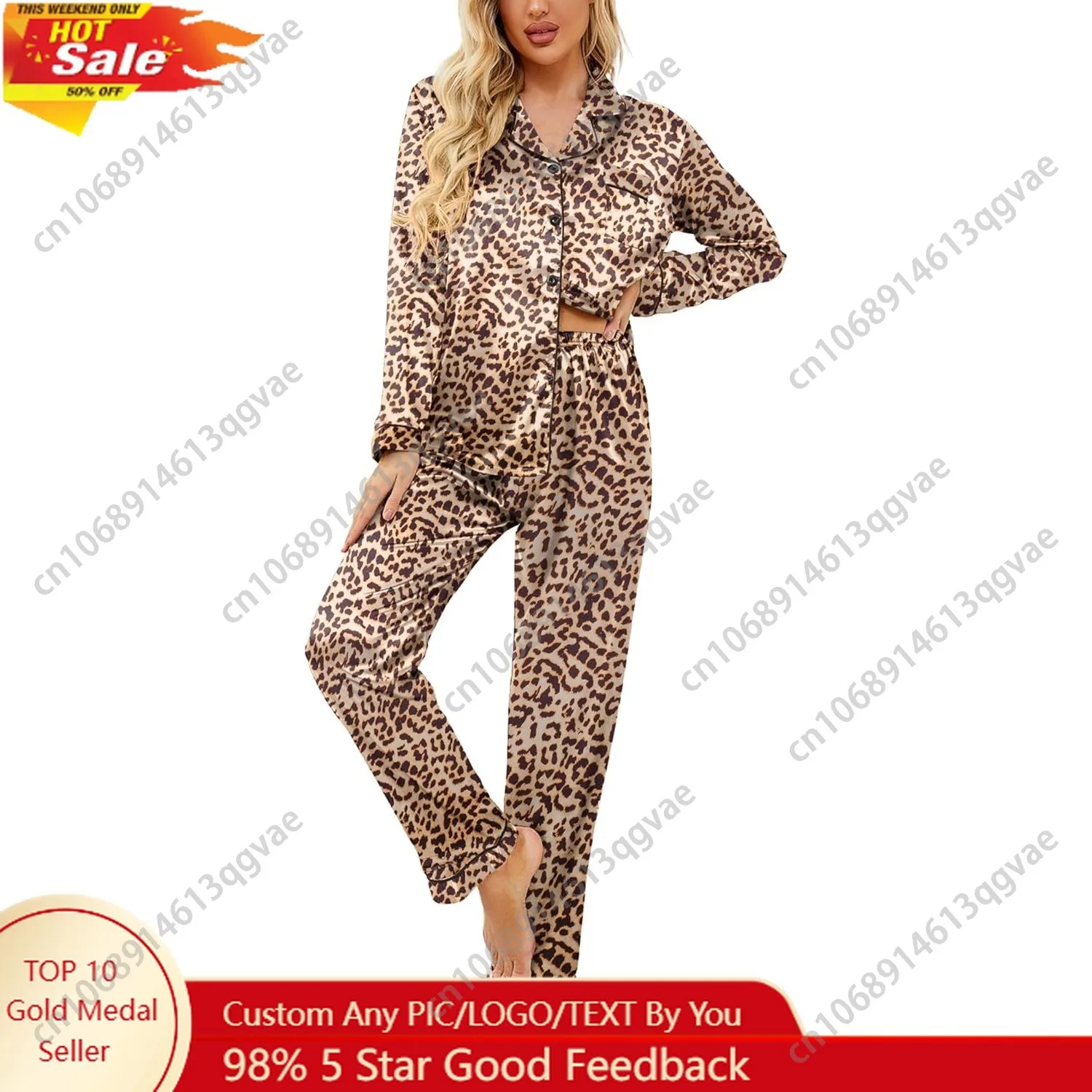 

Ekouaer Womens Satin Pajama Set Classic Pattern Silky Pj Sets Button Down Sleepwear Loungewear