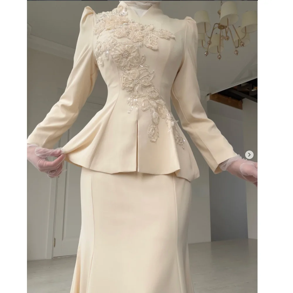 Customized Elegant Formal Evening Dress Pleat Applique Long Sleeves Mermaid Prom Long Dresses  Grace Party Gown