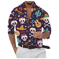 Mexico sugar skull graphic Men's Long Sleeved Shirt Breathable Tops halloween Themed Pattern Full Sleeve Shirt Turn-Down Collar