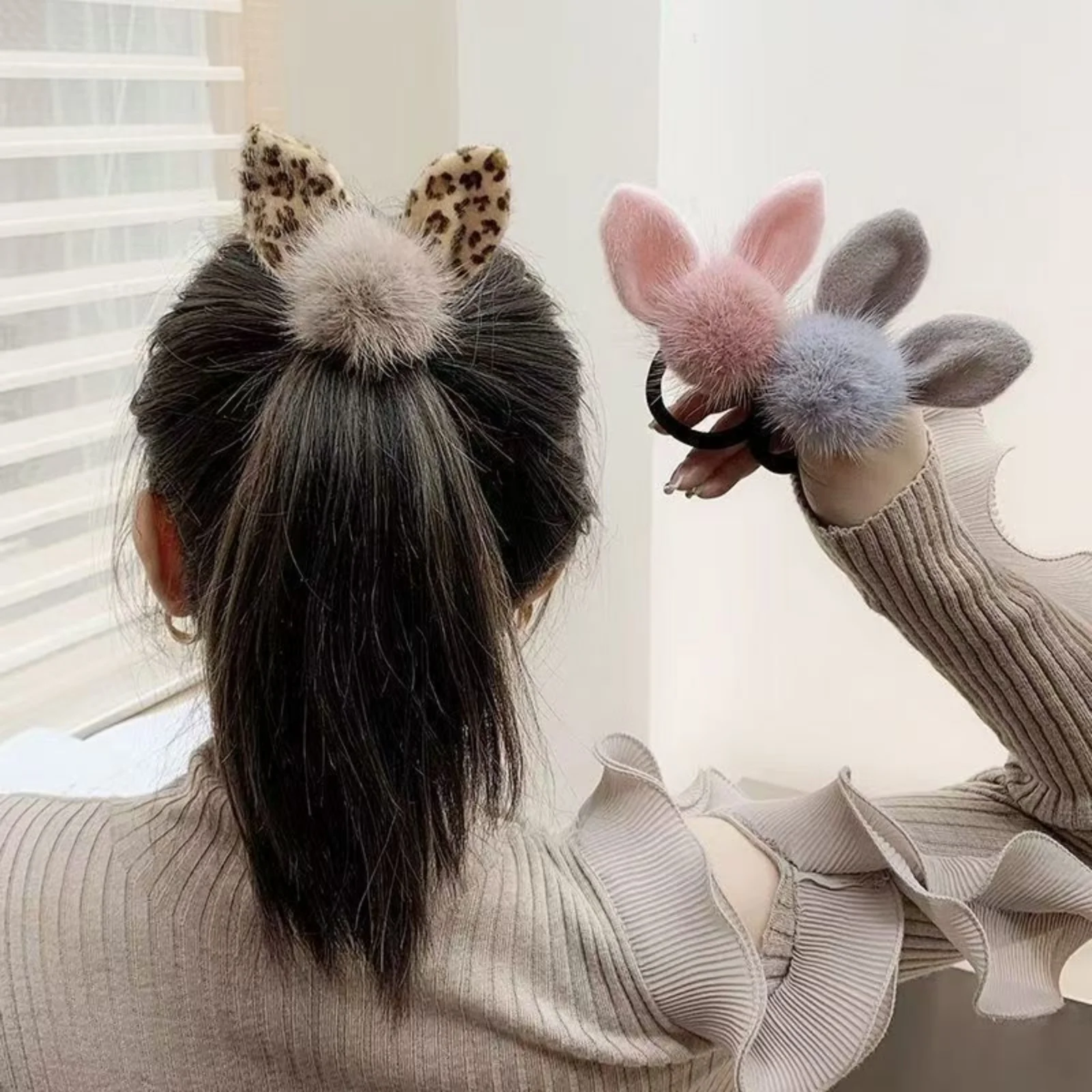 1 Juego de coleteros con orejas de animales peludos, lazos para el pelo con orejas de leopardo y conejito, accesorios para el cabello suaves y esponjosos para mujer