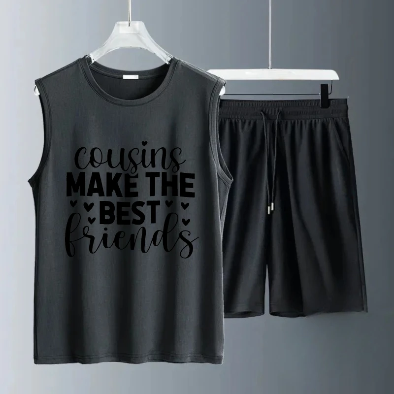 بدلة صدرية رجالية صيفية بدون أكمام مطبوعة من العملاء تصنع أفضل أصدقاء تانك القمم + شورت رياضي طقم مكون من قطعتين رياضية #2