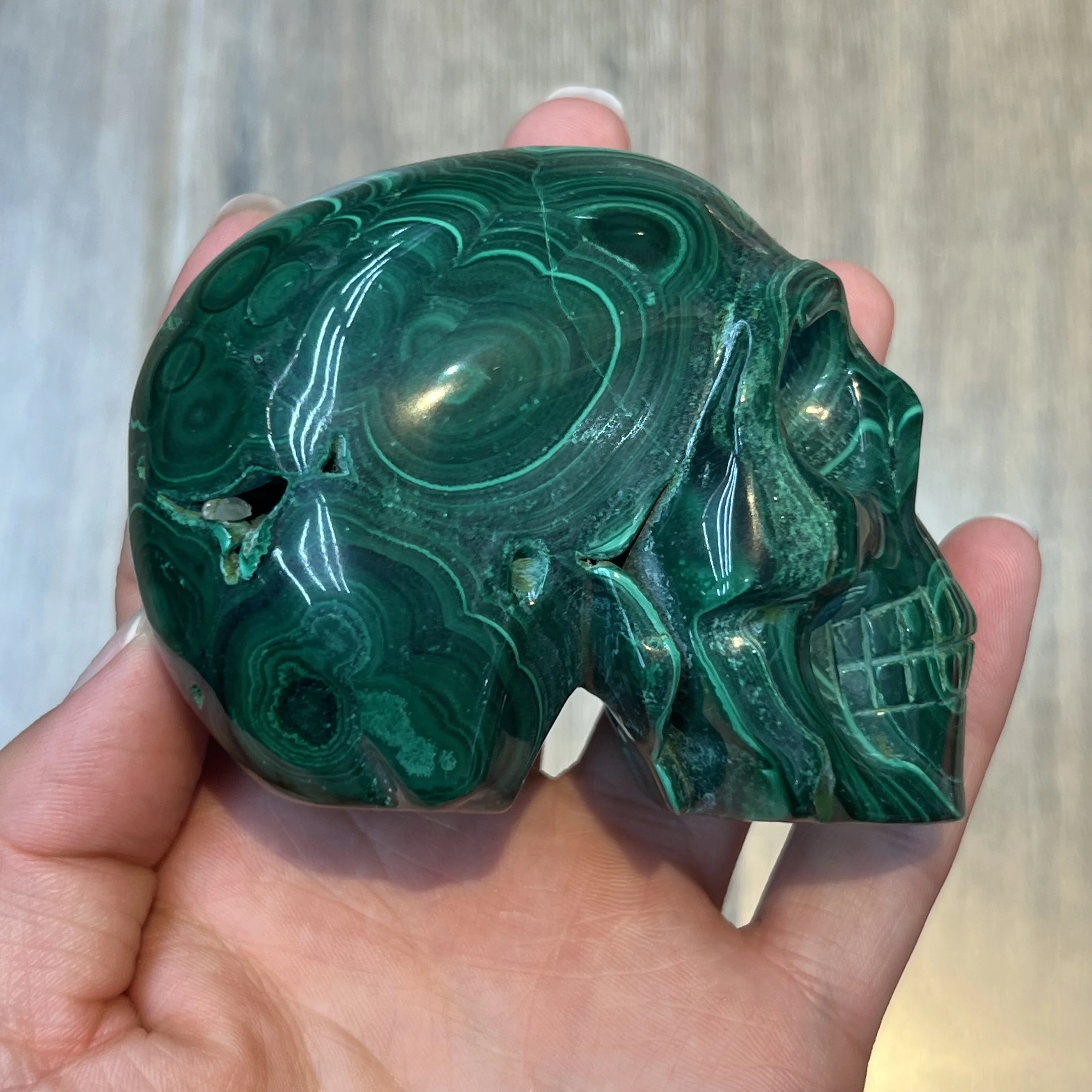 Natural Malachite Stone Crystal Ghost Skull Carved Sculpture Reiki Healing Chakra