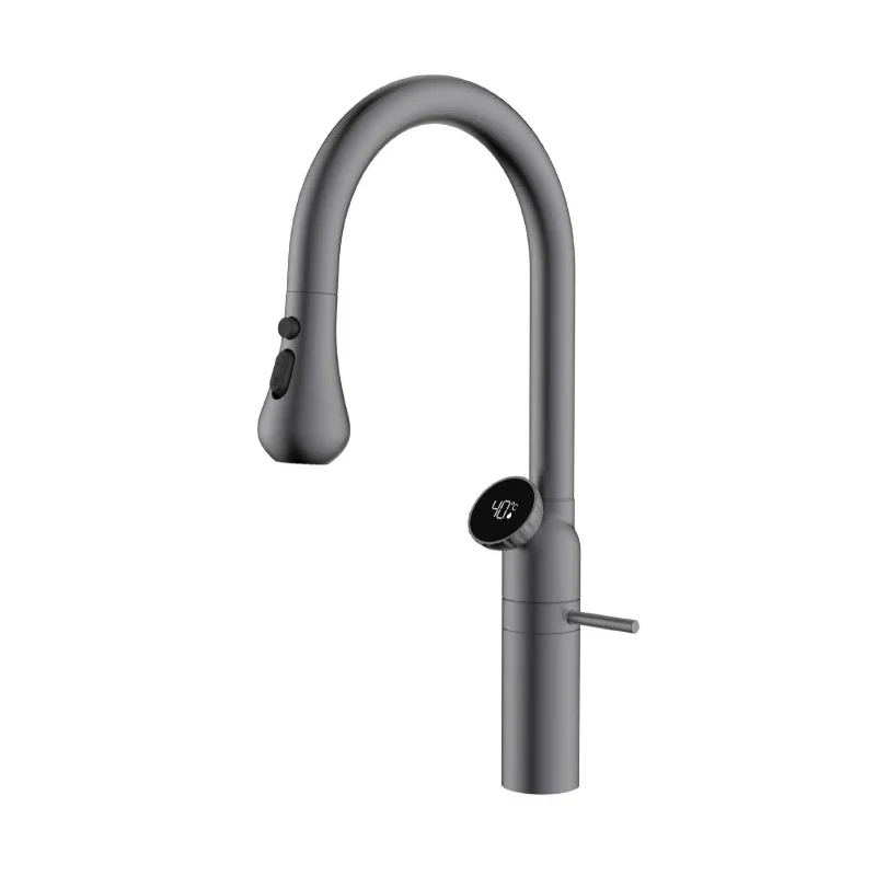 3 Modes Kitchen Faucet Rose Gold 360 Swivel Pull Down Sink Faucets LED Temperature Display High-arc Hot Cold Mixer Tap