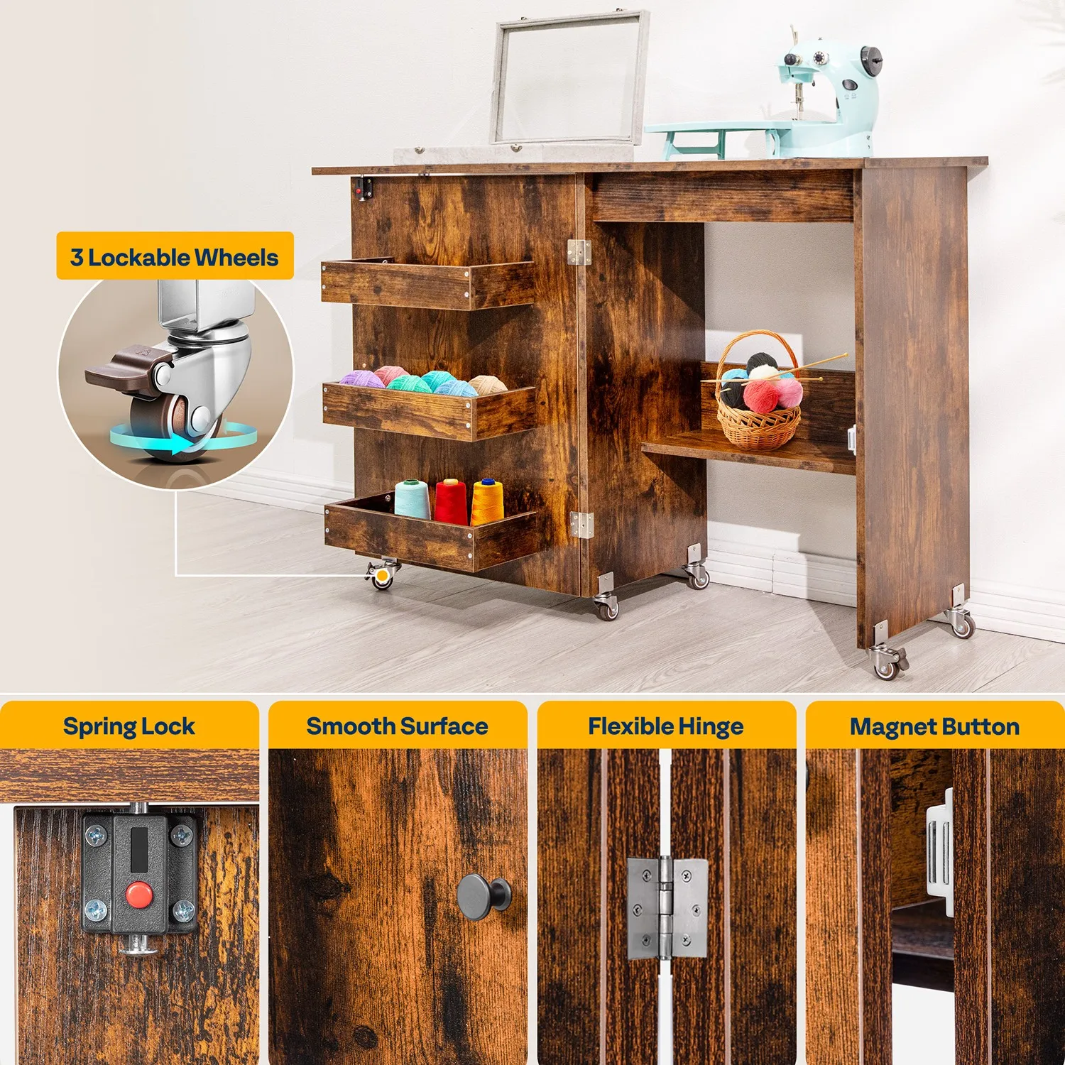 Folding Sewing Machine Table Multipurpose Cabinet with 1 Storage Shelves 3 Trays view 4