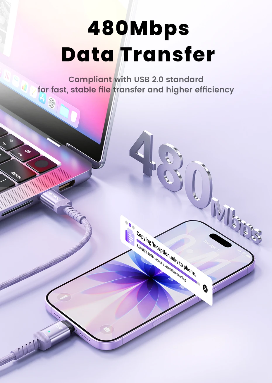 Toocki 240W USB-C Magnetisches Ladekabel PD Schnellladung Typ-C zu Typ-C Kabel für iPhone 17 MacBook Huawei Samsung S26 S25 – Detail 8
