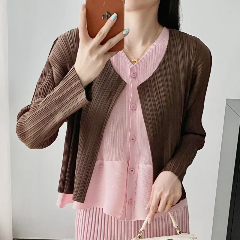 Miyake Pleated Jacket 2026 Autumn Lightweight Long Sleeve Simple Fashionable Elegant Commuter Stretch Casual Cardigan for Women