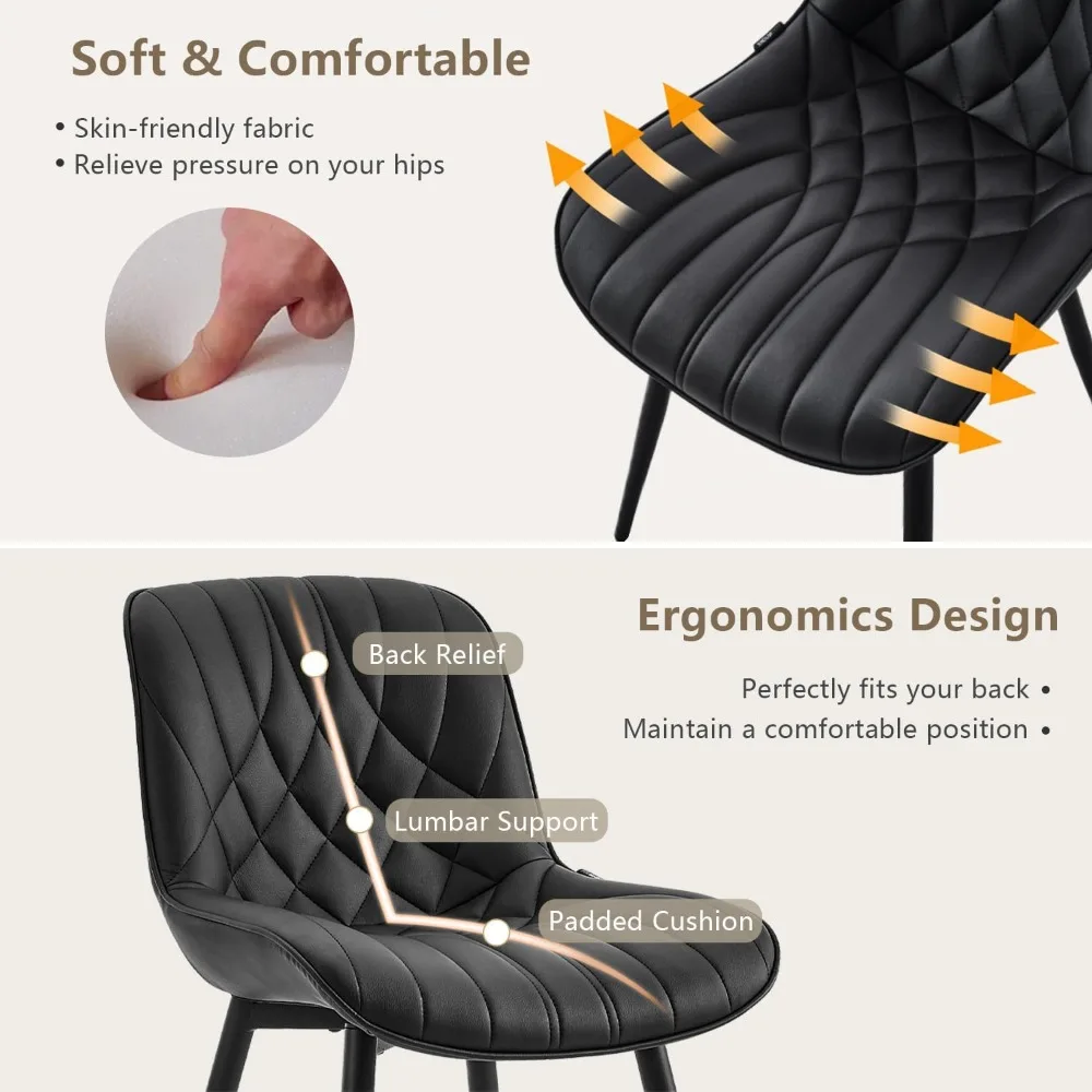 Juego de 2 sillas de comedor tapizadas modernas de color negro, cómodas sillas de cocina de cuero PU para comedor