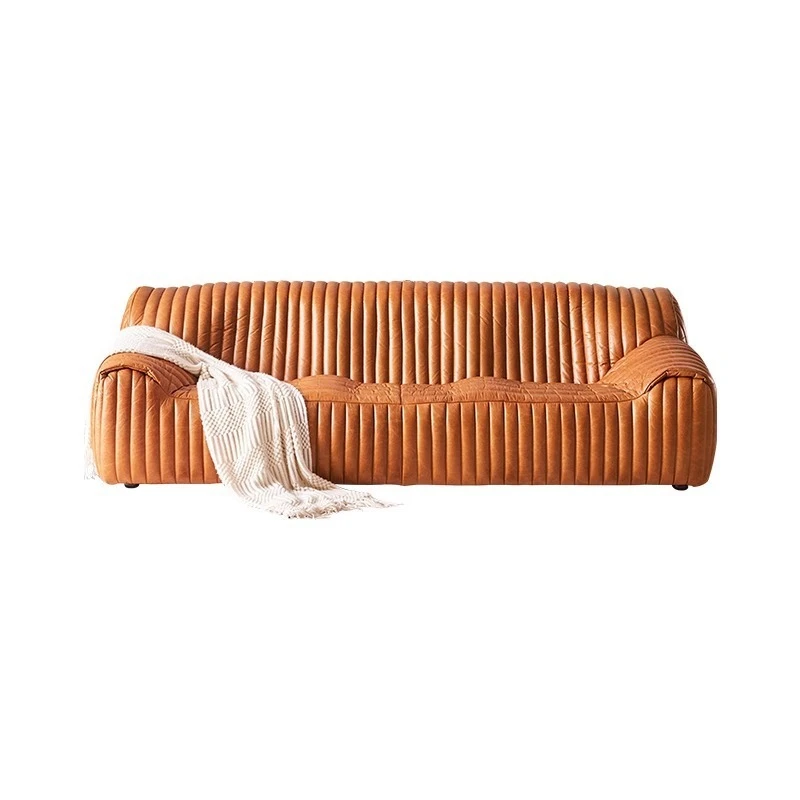 

Medieval leather wavy sofa, living room B & B retro caramel color