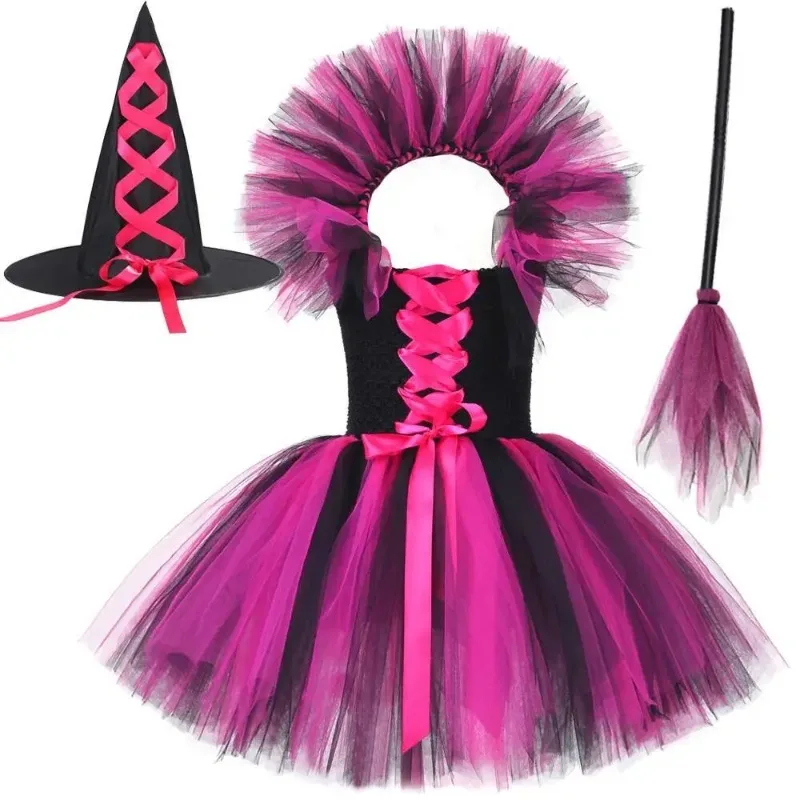 Girls' Black & Pink Witch Tutu Dress,  Kids Performance Clothing for Halloween & Carnival Parties,  Exquisite Stage Outfit